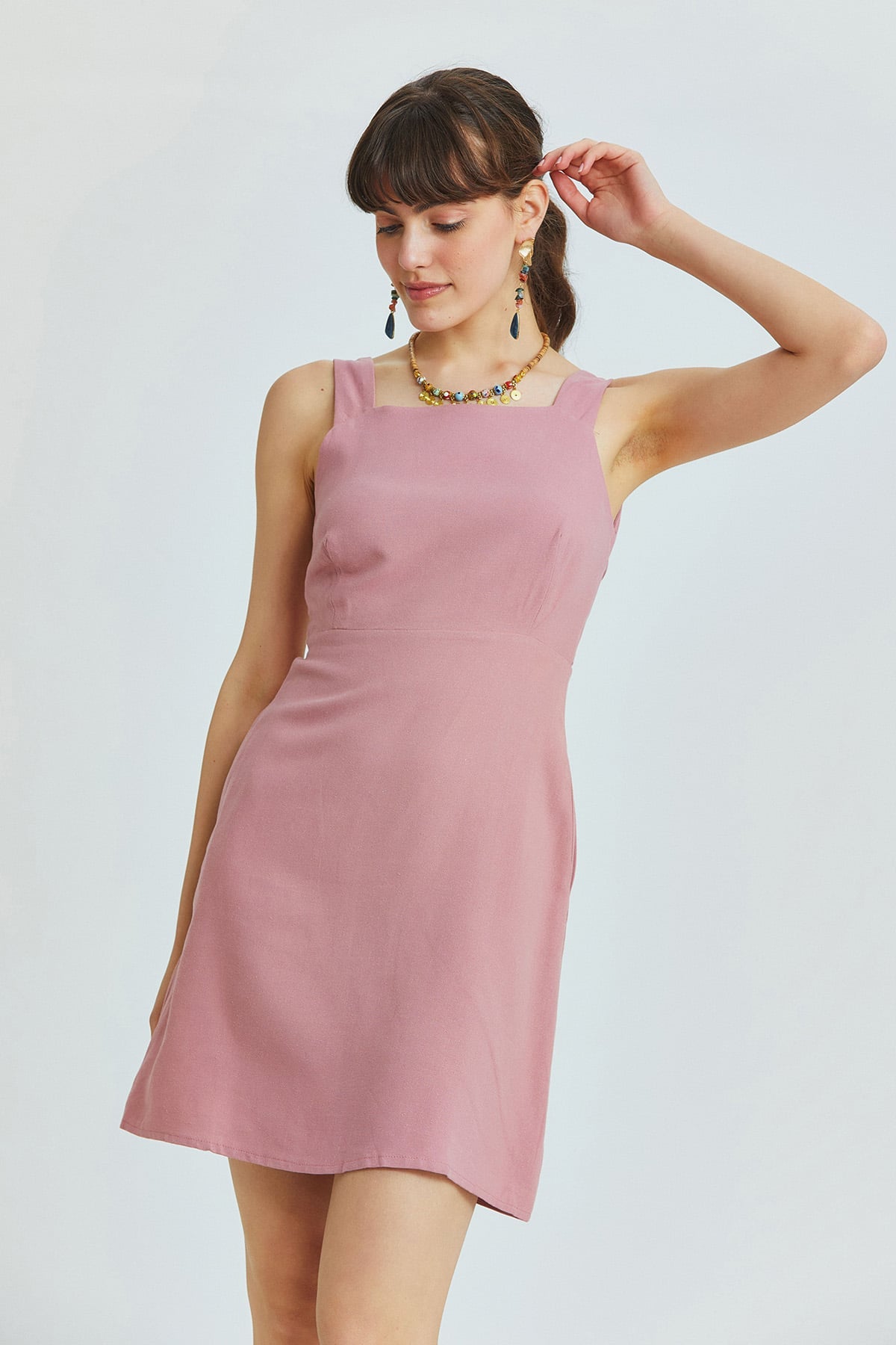 Dusty Rose Mini Bohemian Dress with Back Lace-Up and Hidden Zipper