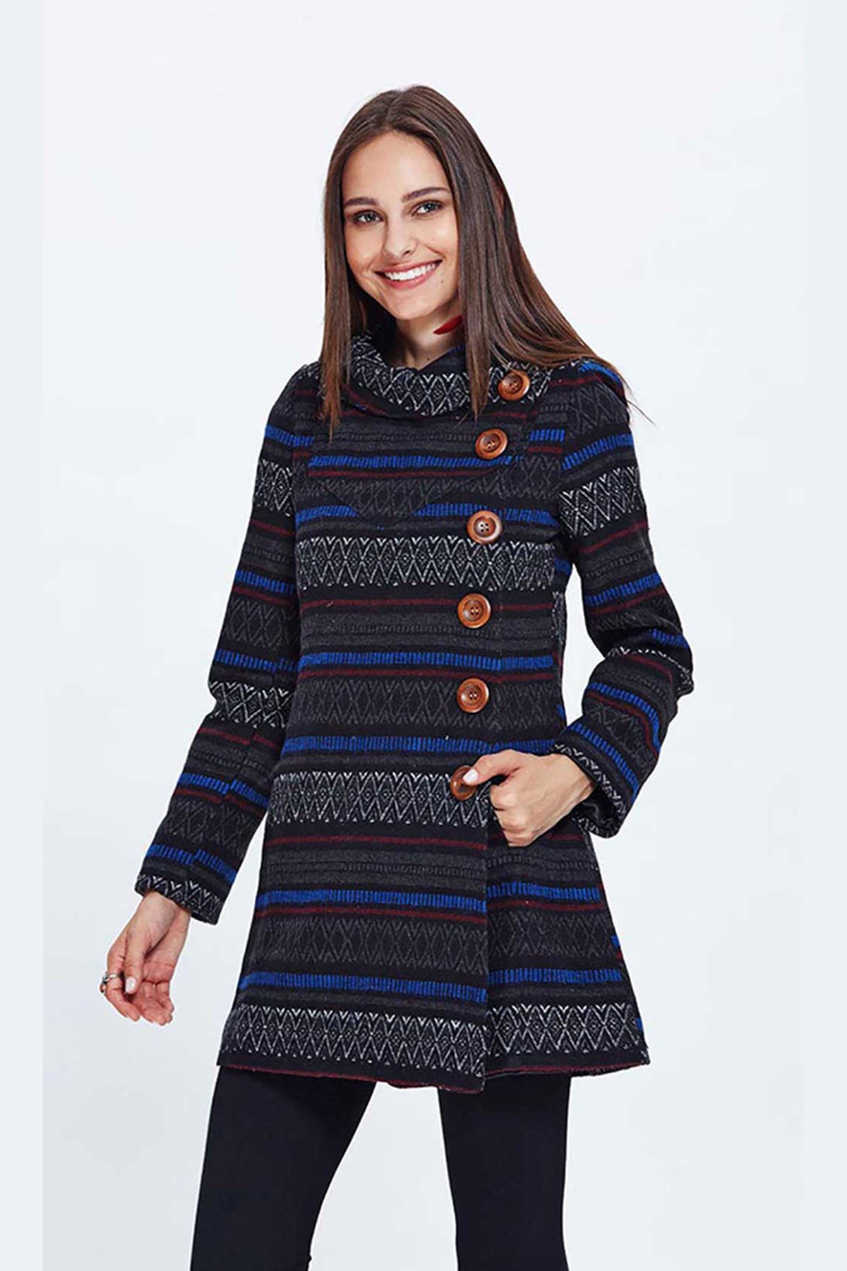 Ethnic Pattern Long Coat with Buttons