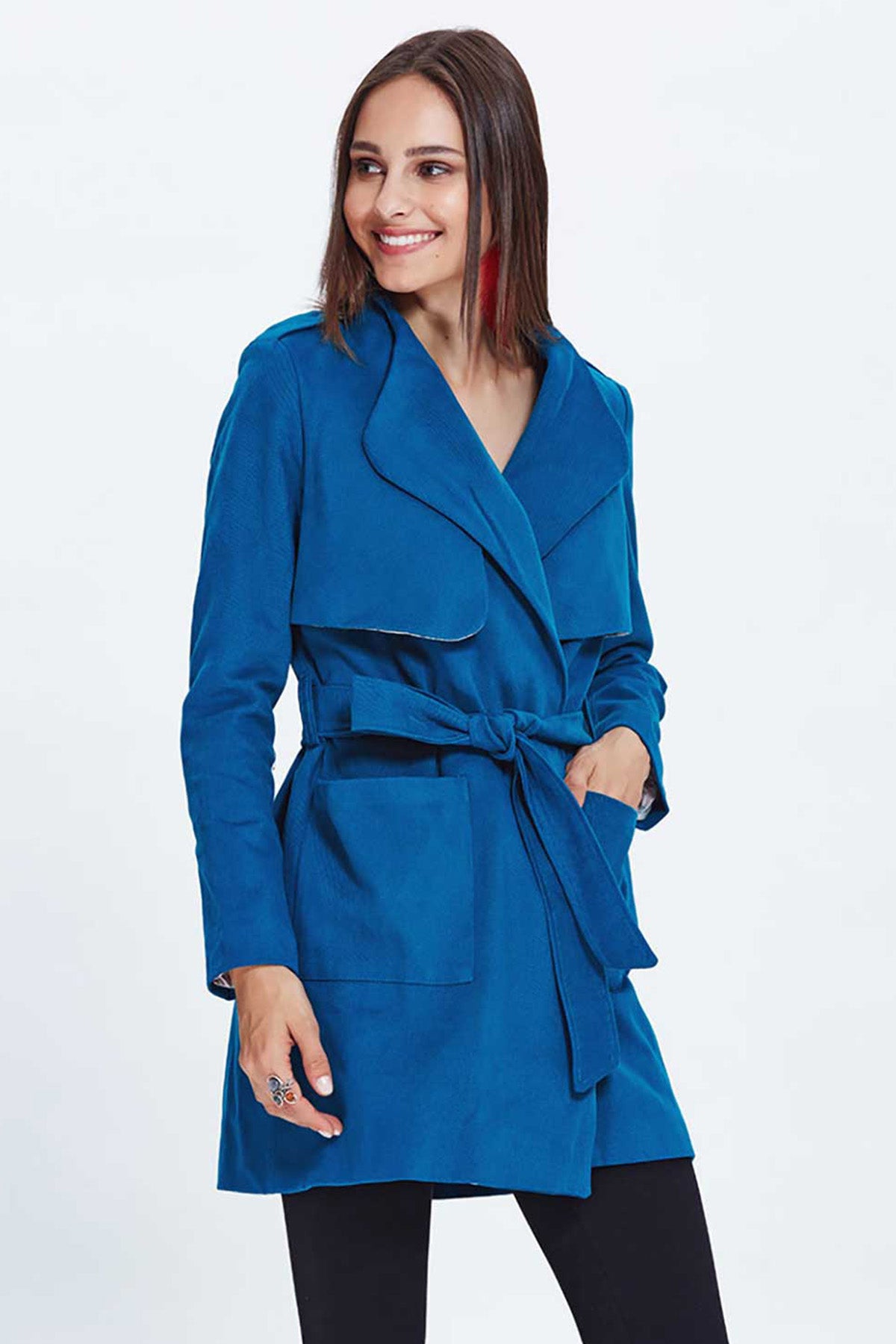 Petrol Blue Turndown Collar Trenchcoat