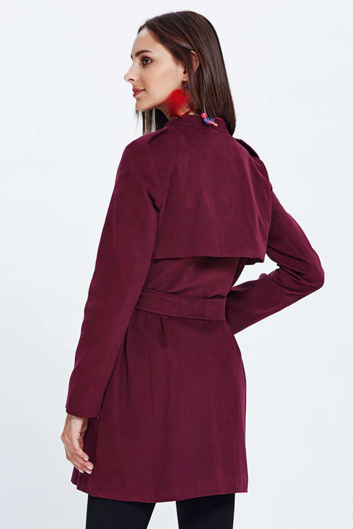 Maroon Turndown Collar Trenchcoat