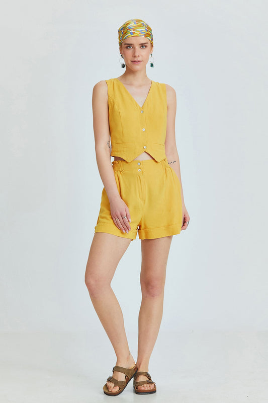 Mustard Bohemian Vest with Classic Cut and Shell Button Closure