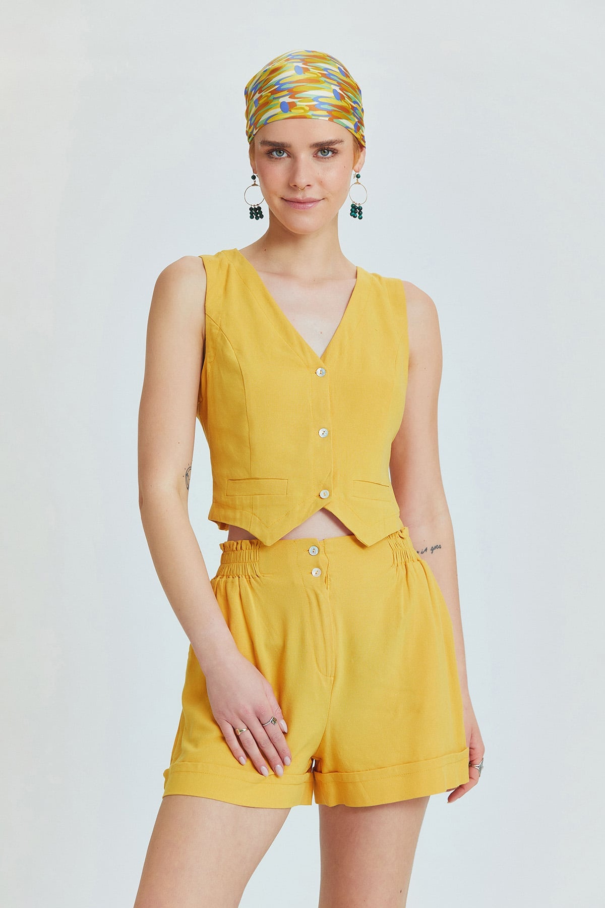 Mustard Bohemian Vest with Classic Cut and Shell Button Closure