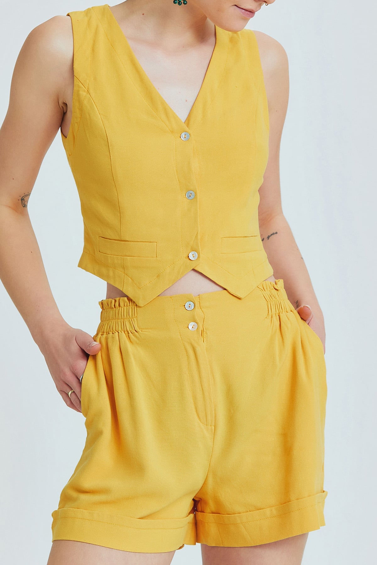 Mustard Bohemian Vest with Classic Cut and Shell Button Closure
