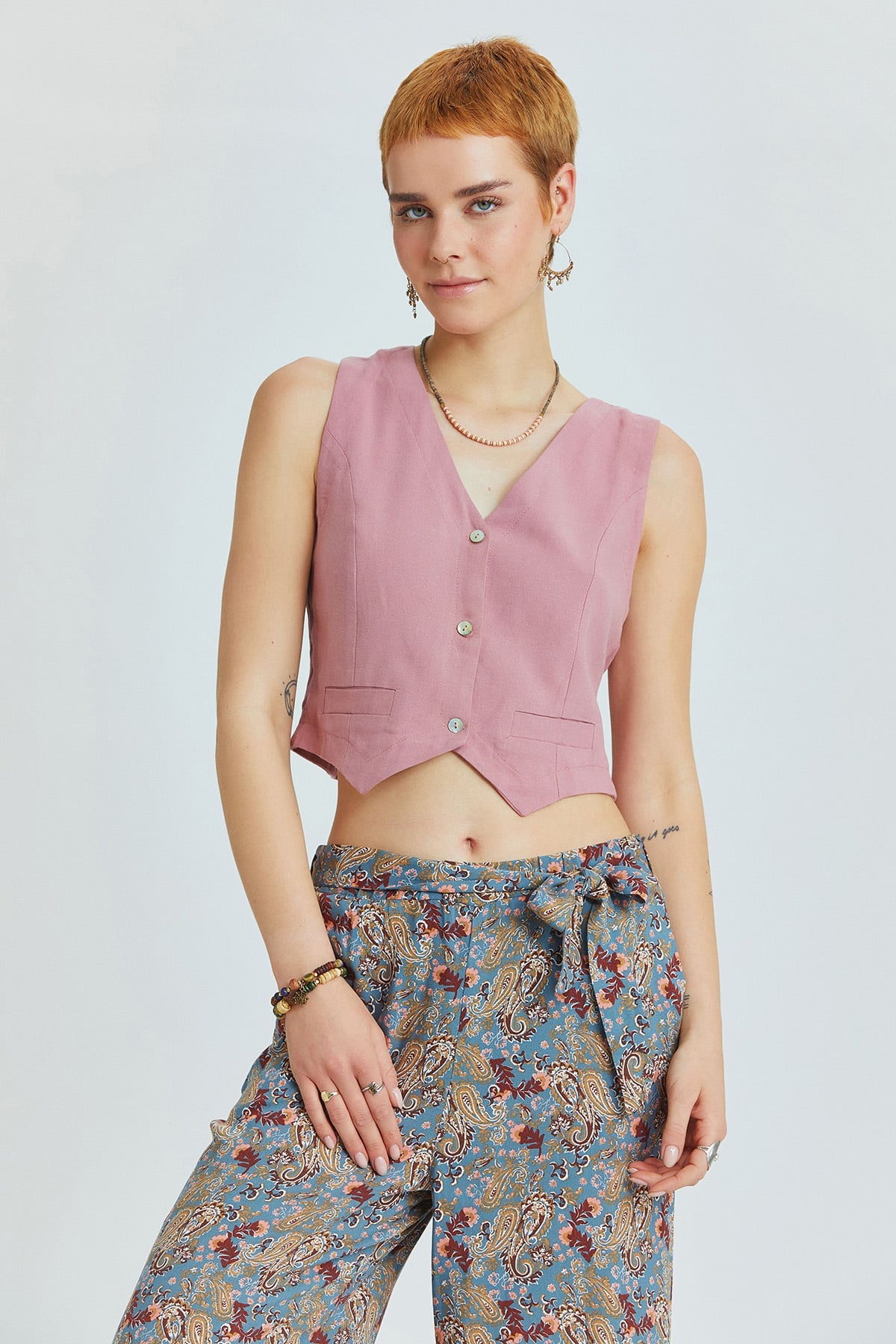 Dusty Rose Bohemian Vest with Classic Cut and Shell Button Closure