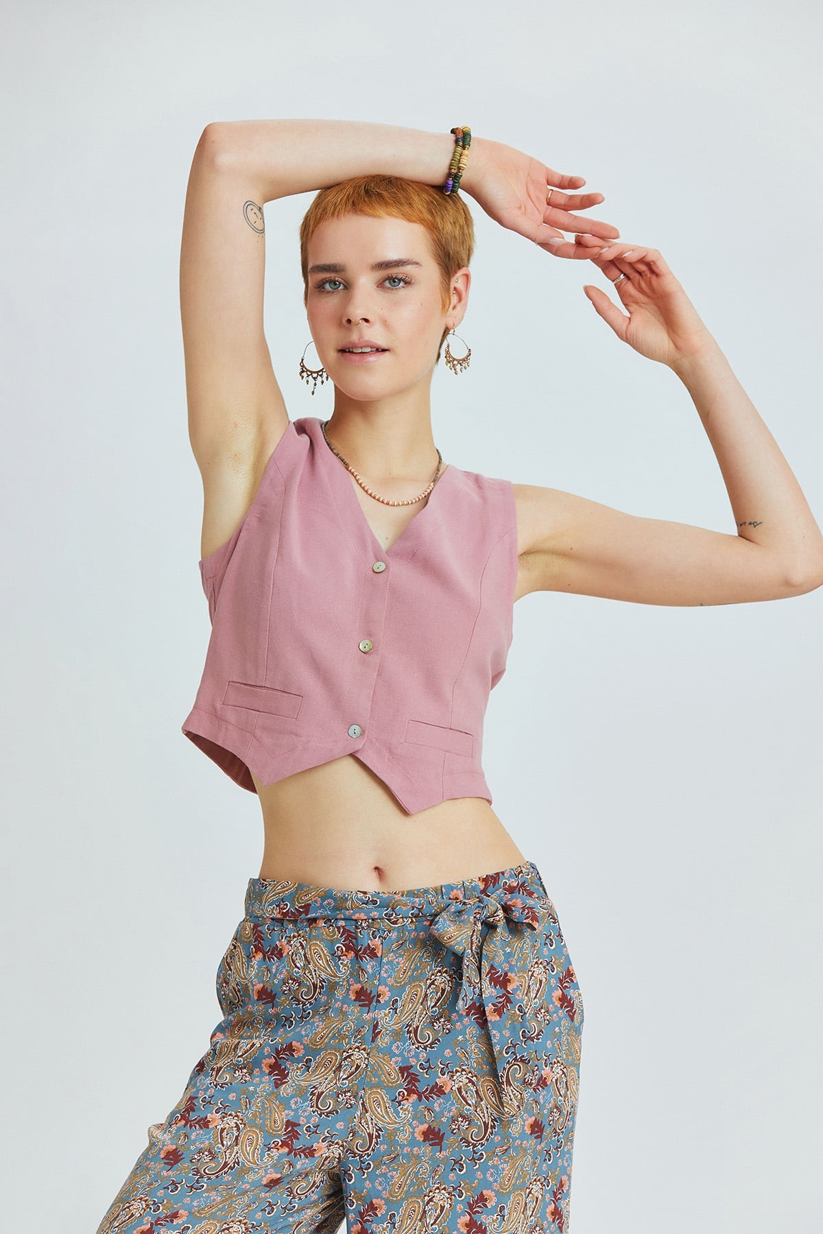 Dusty Rose Bohemian Vest with Classic Cut and Shell Button Closure
