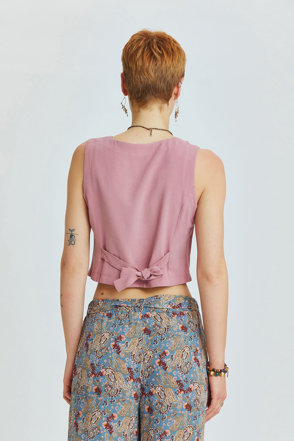 Dusty Rose Bohemian Vest with Classic Cut and Shell Button Closure