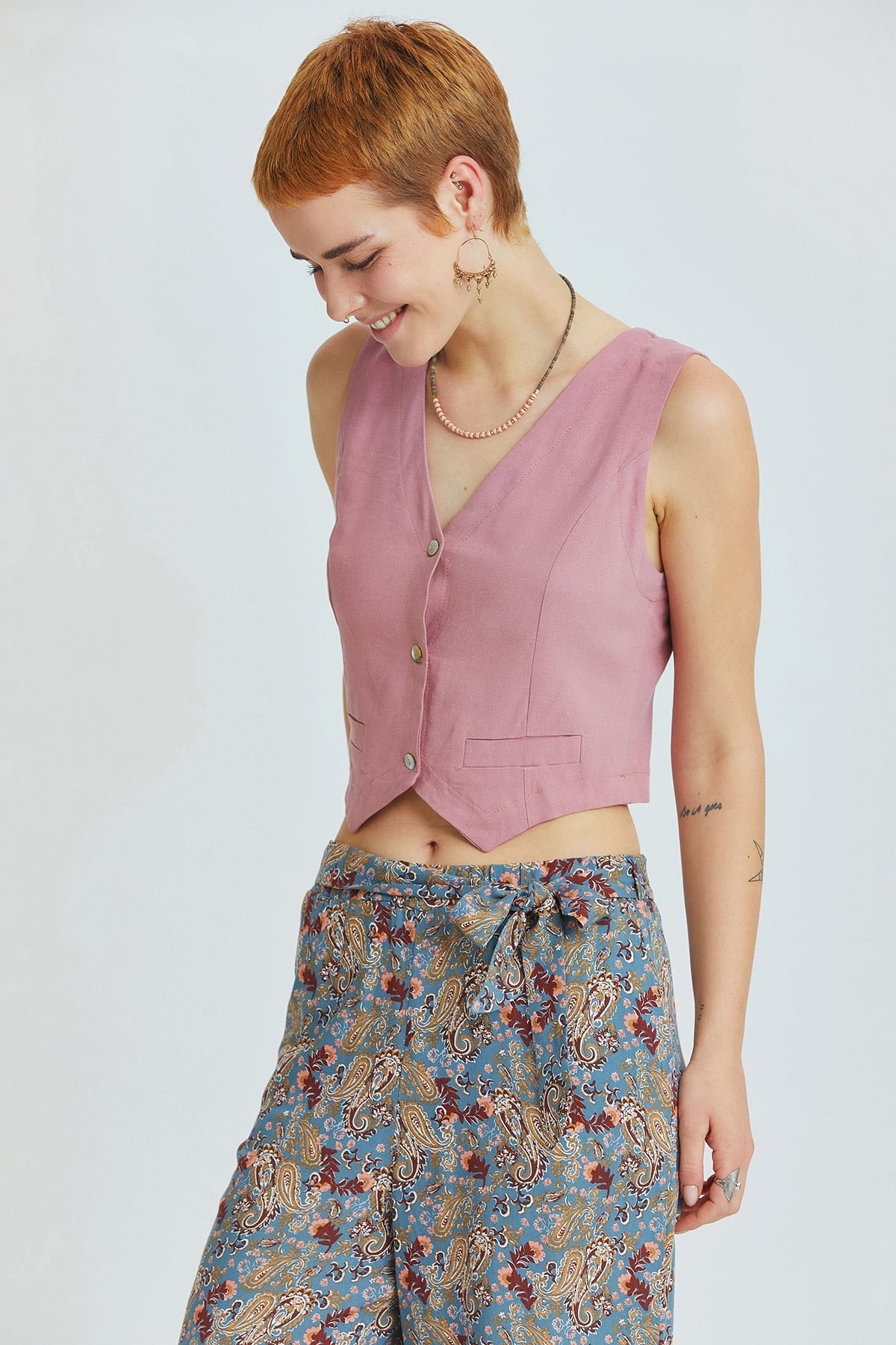 Dusty Rose Bohemian Vest with Classic Cut and Shell Button Closure