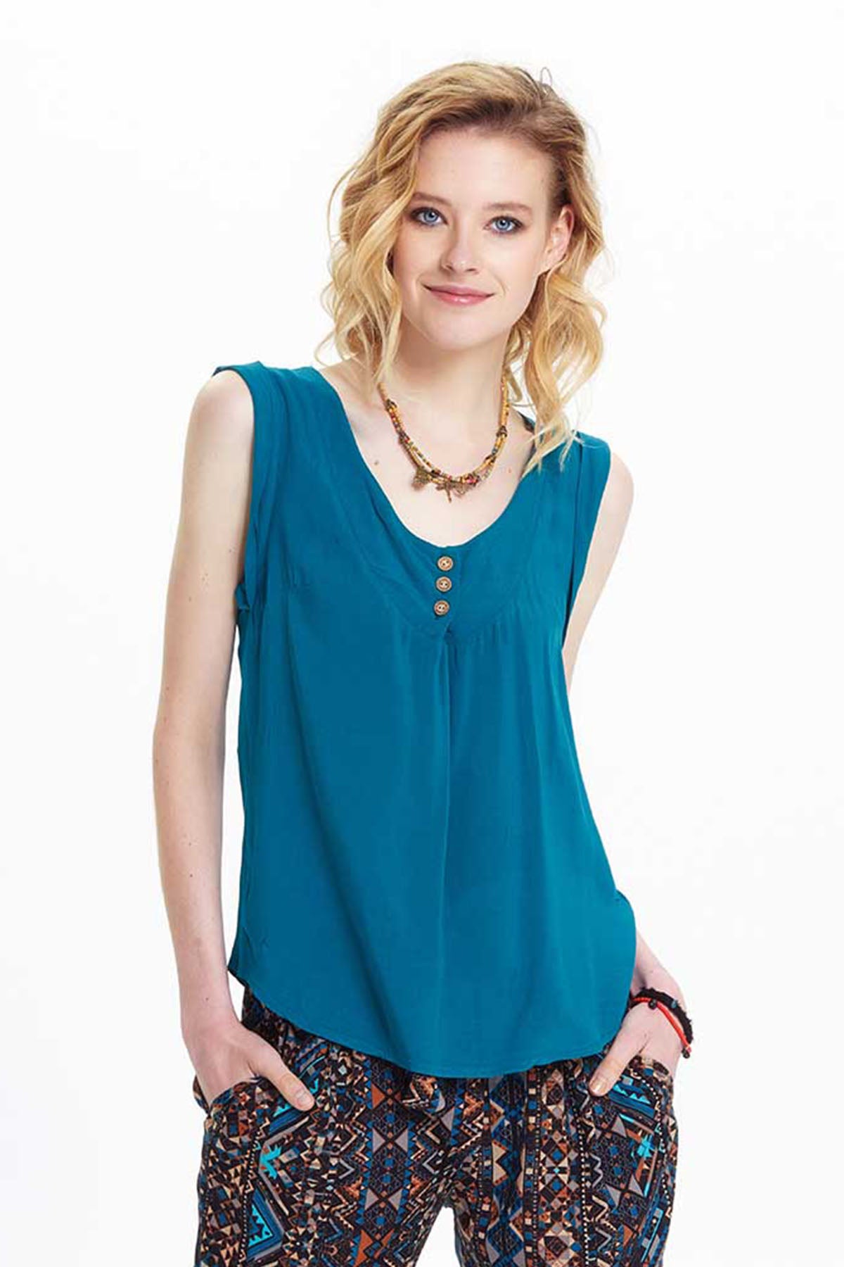 Petrol Blue Bohemian Blouse with Coconut Buttons and Flowing Viscose Fabric