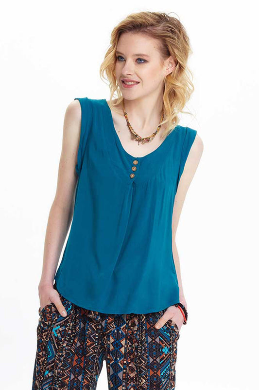 Petrol Blue Bohemian Blouse with Coconut Buttons and Flowing Viscose Fabric