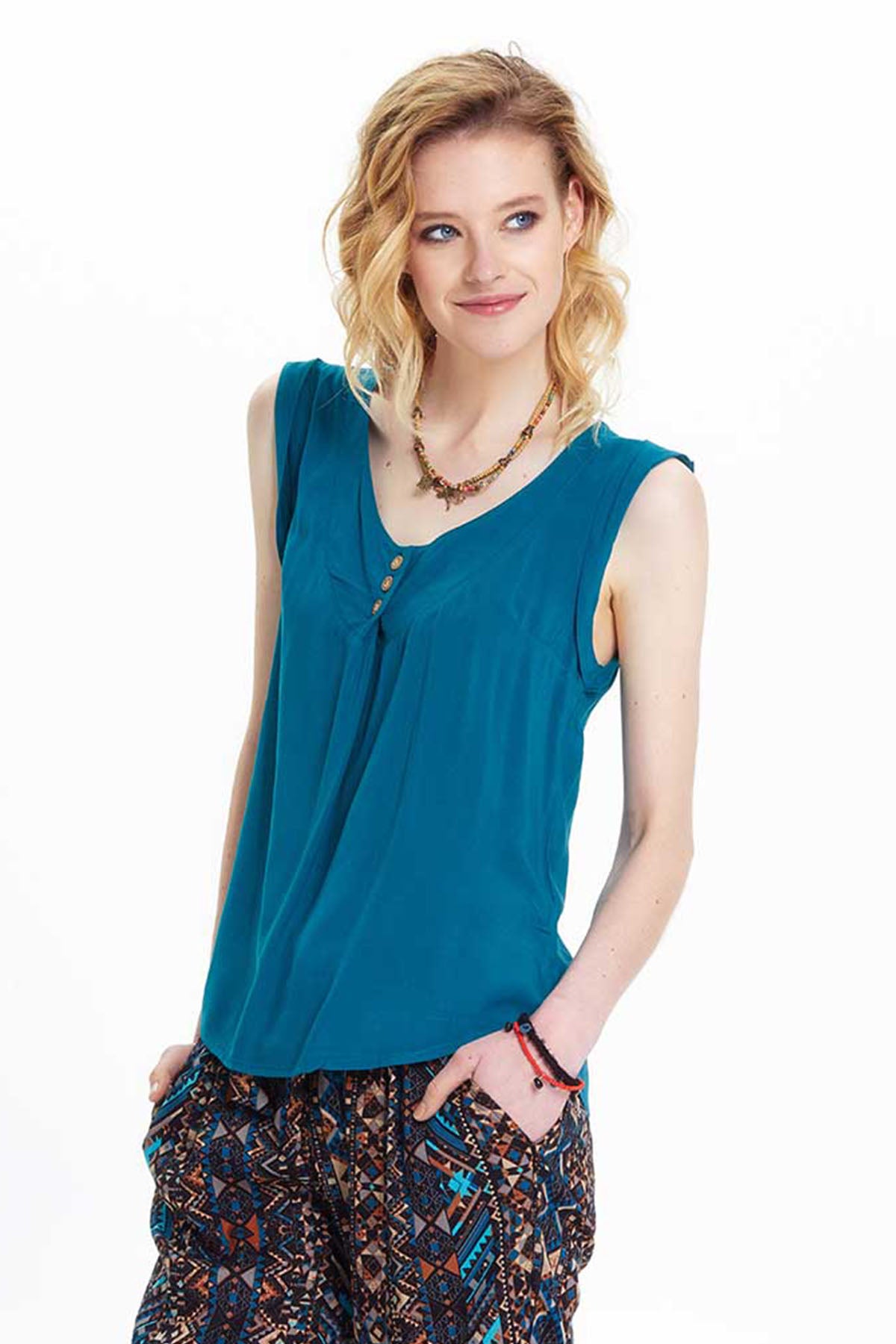 Petrol Blue Bohemian Blouse with Coconut Buttons and Flowing Viscose Fabric