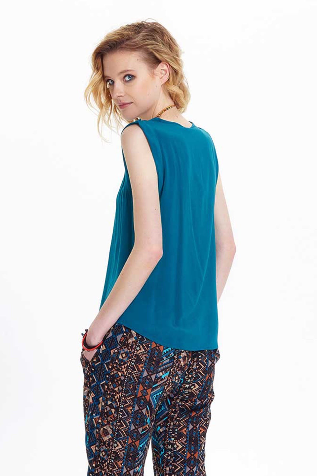 Petrol Blue Bohemian Blouse with Coconut Buttons and Flowing Viscose Fabric