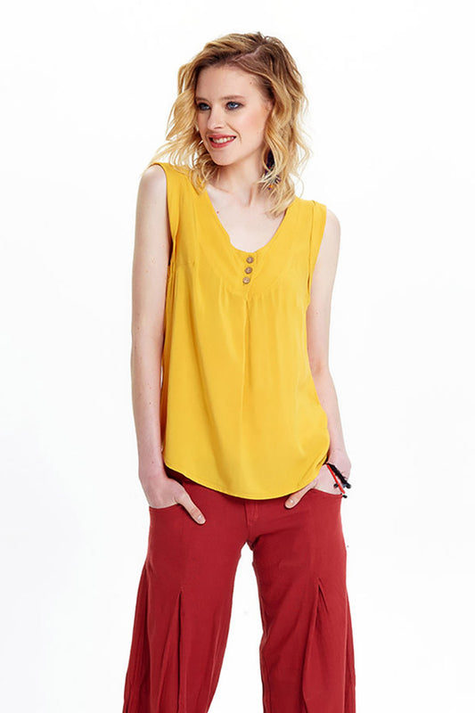 Yellow Bohemian Blouse with Coconut Buttons and Flowing Viscose Fabric
