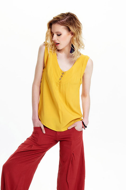 Yellow Bohemian Blouse with Coconut Buttons and Flowing Viscose Fabric