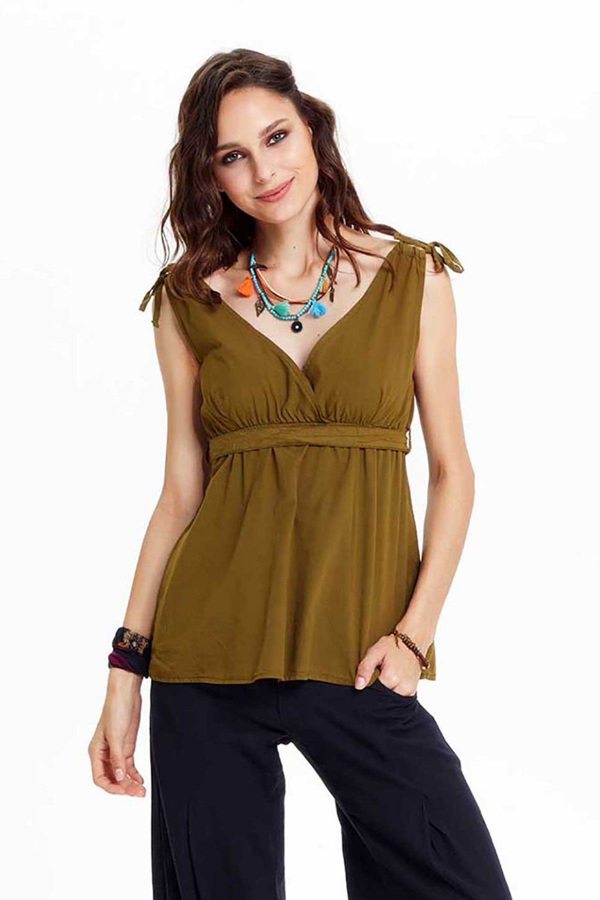 Khaki V Neck Authentic Blouse