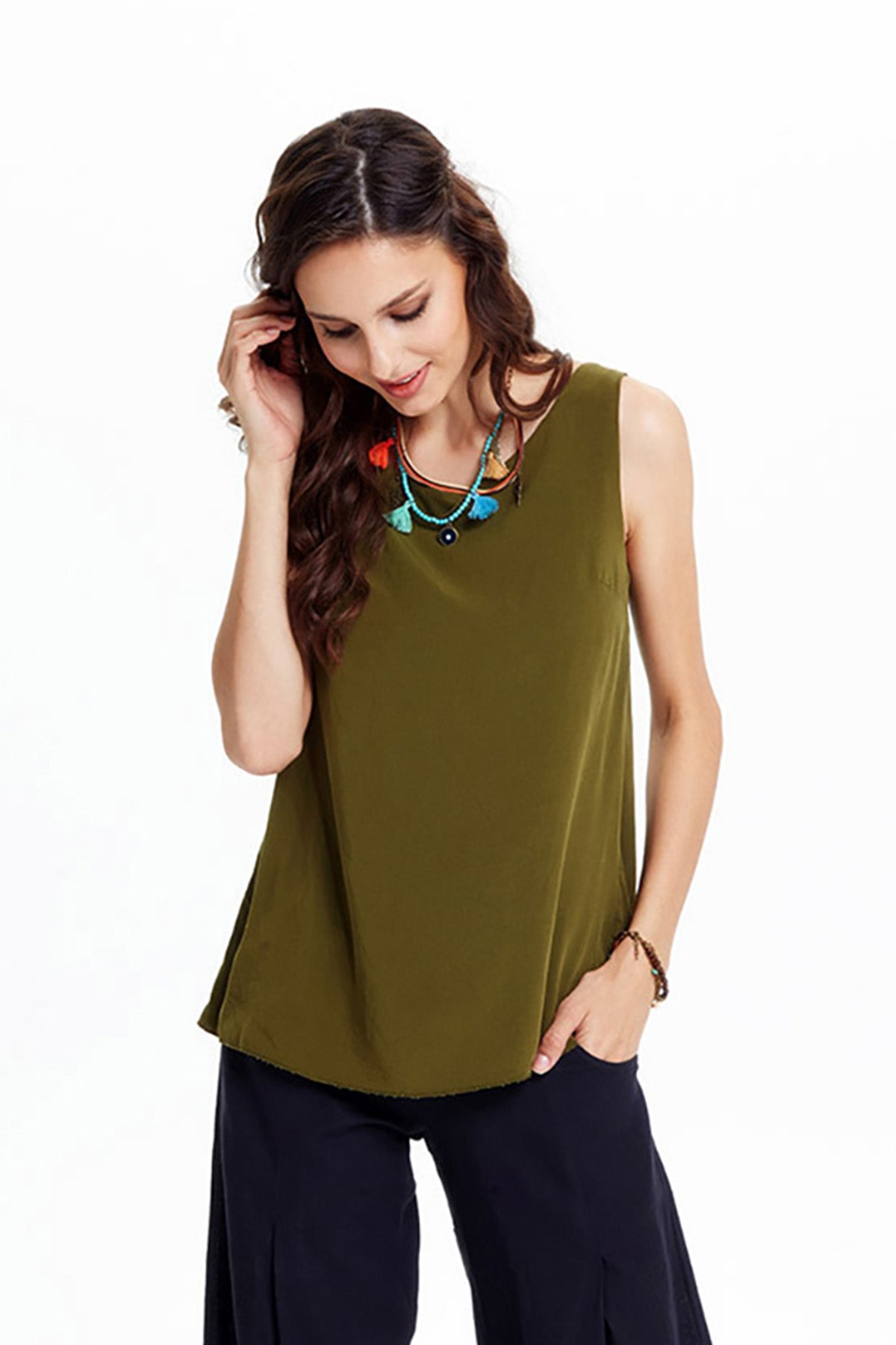 Khaki Boat Neck Authentic Blouse
