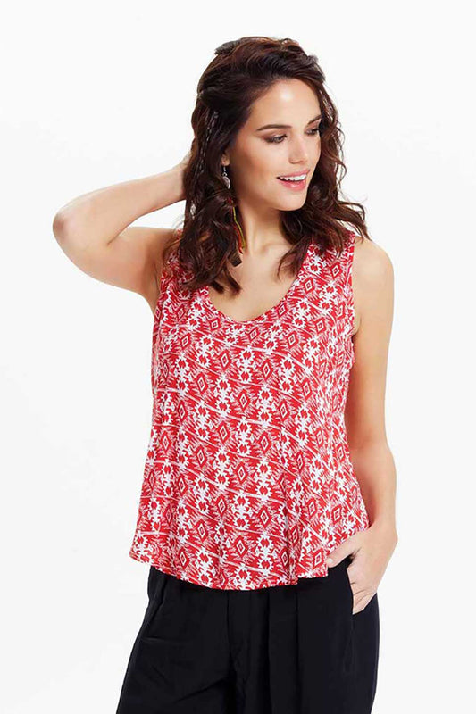 Red U-Neck Bohemian Blouse with Flowing Fit and Back Buttons