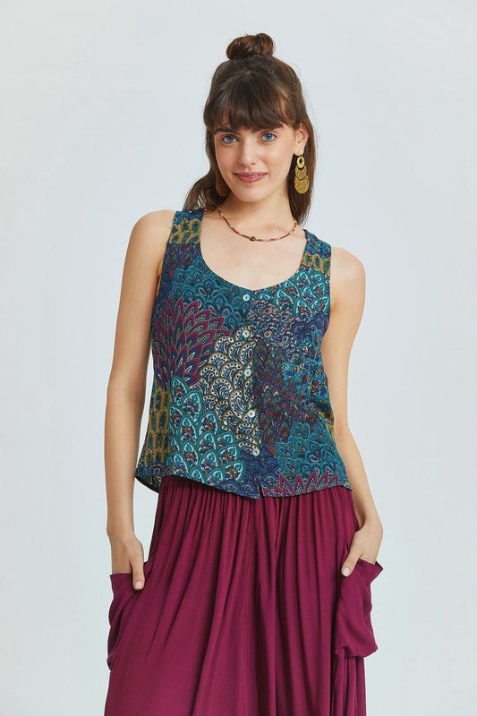 Turquoise Peacock Pattern Bohemian Blouse with Back Window