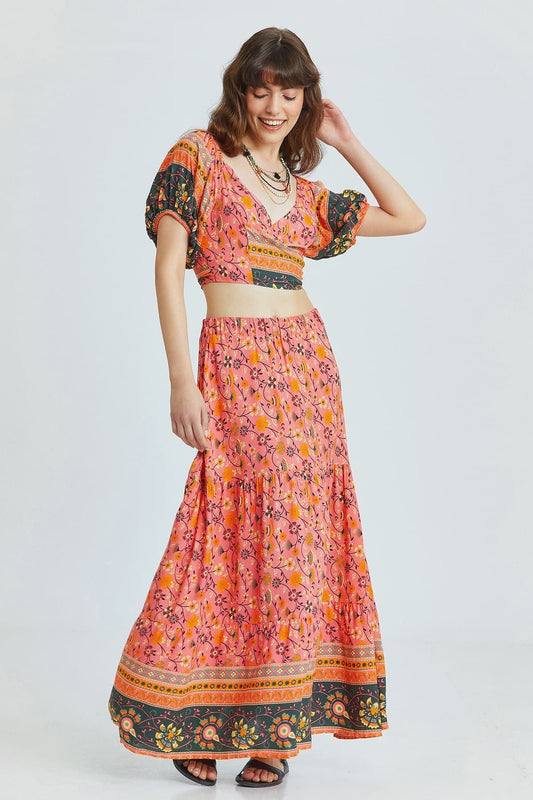 Pink Floral Bohemian Blouse with Elastic Shoulders and Front Tie Closure