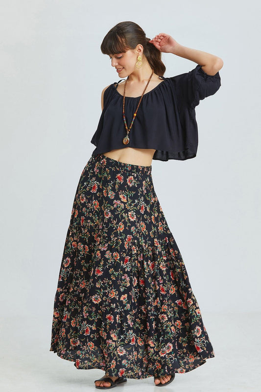 Black Viscose Crop Blouse with Wide V-Neck and Off-Shoulder Design