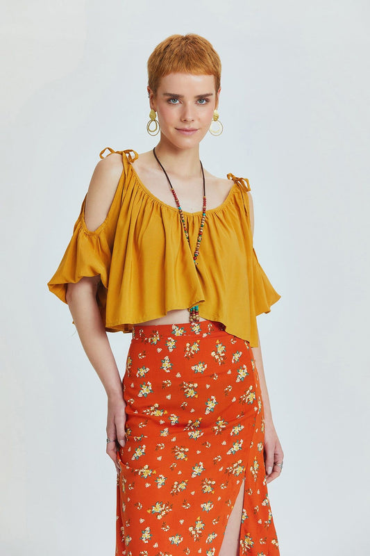 Yellow Viscose Crop Blouse with Wide V-Neck and Off-Shoulder Design