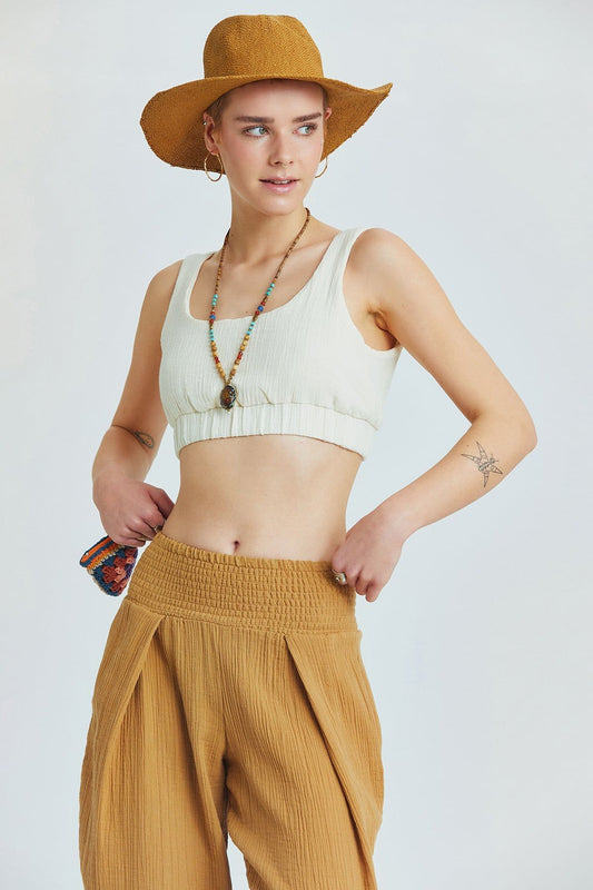 Beige Muslin Bohemian Crop Blouse with Pool Neckline and V-Back