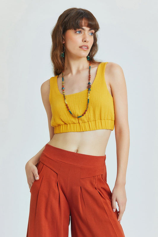 Mustard Muslin Bohemian Crop Blouse with Pool Neckline and V-Back