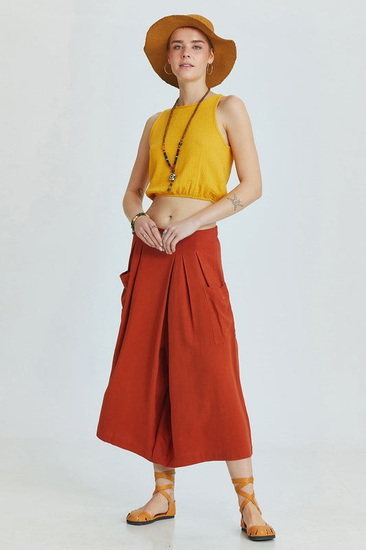 Mustard Muslin Crop Top with Halter Neck and Elastic Hem
