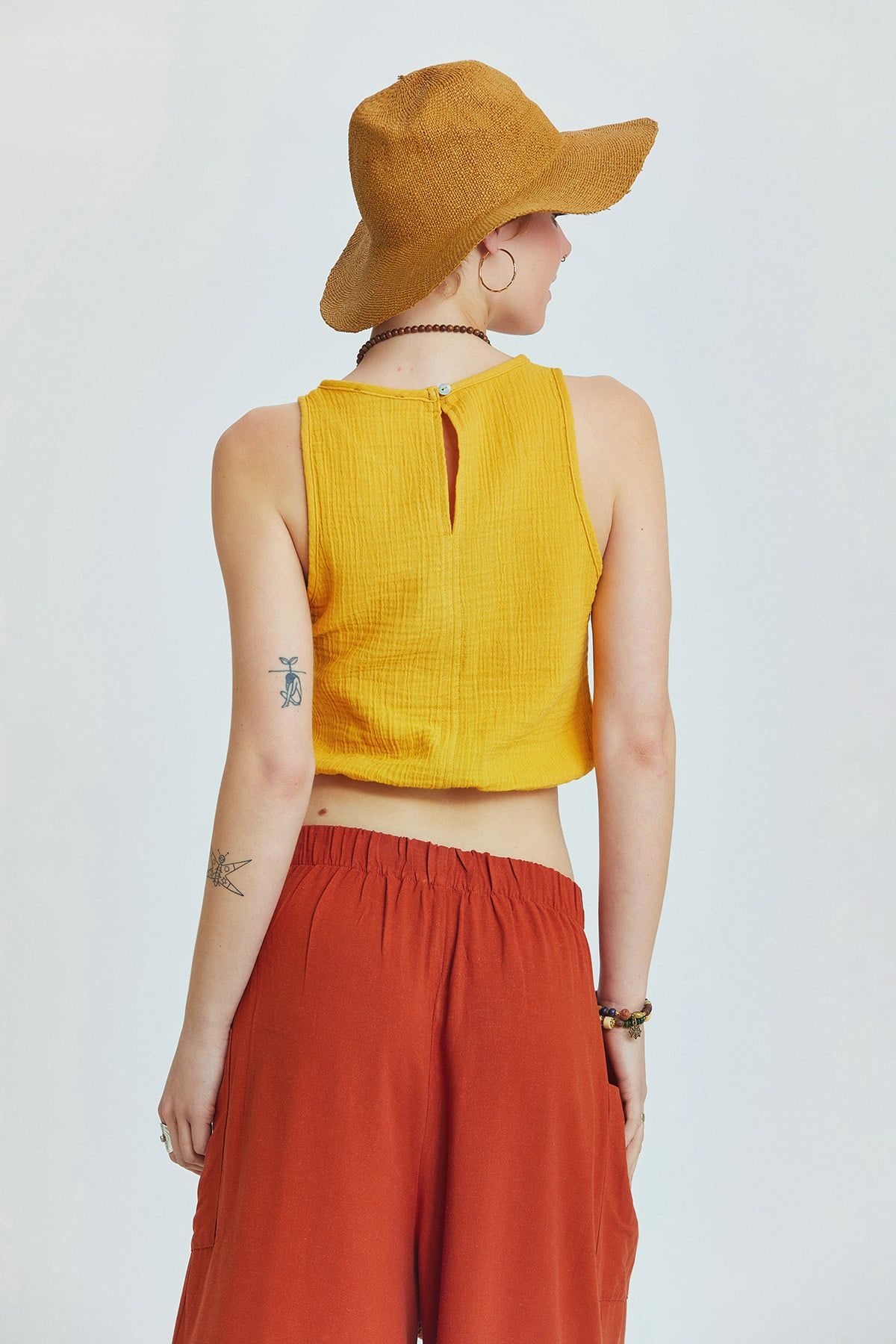 Mustard Muslin Crop Top with Halter Neck and Elastic Hem