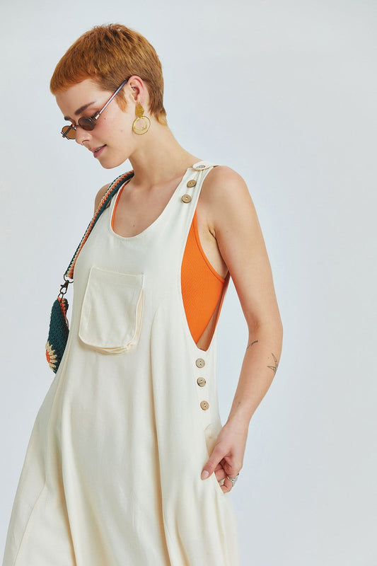 Beige Viscose-Linen Bohemian Harem Jumpsuit with Shoulder Buttons