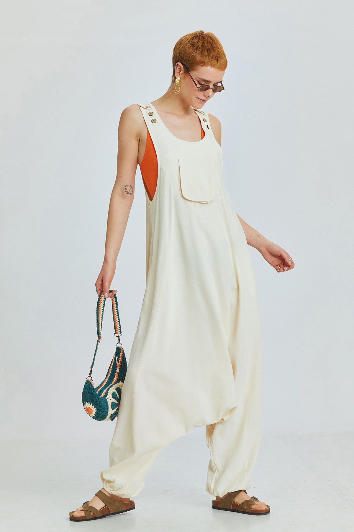 Beige Viscose-Linen Bohemian Harem Jumpsuit with Shoulder Buttons