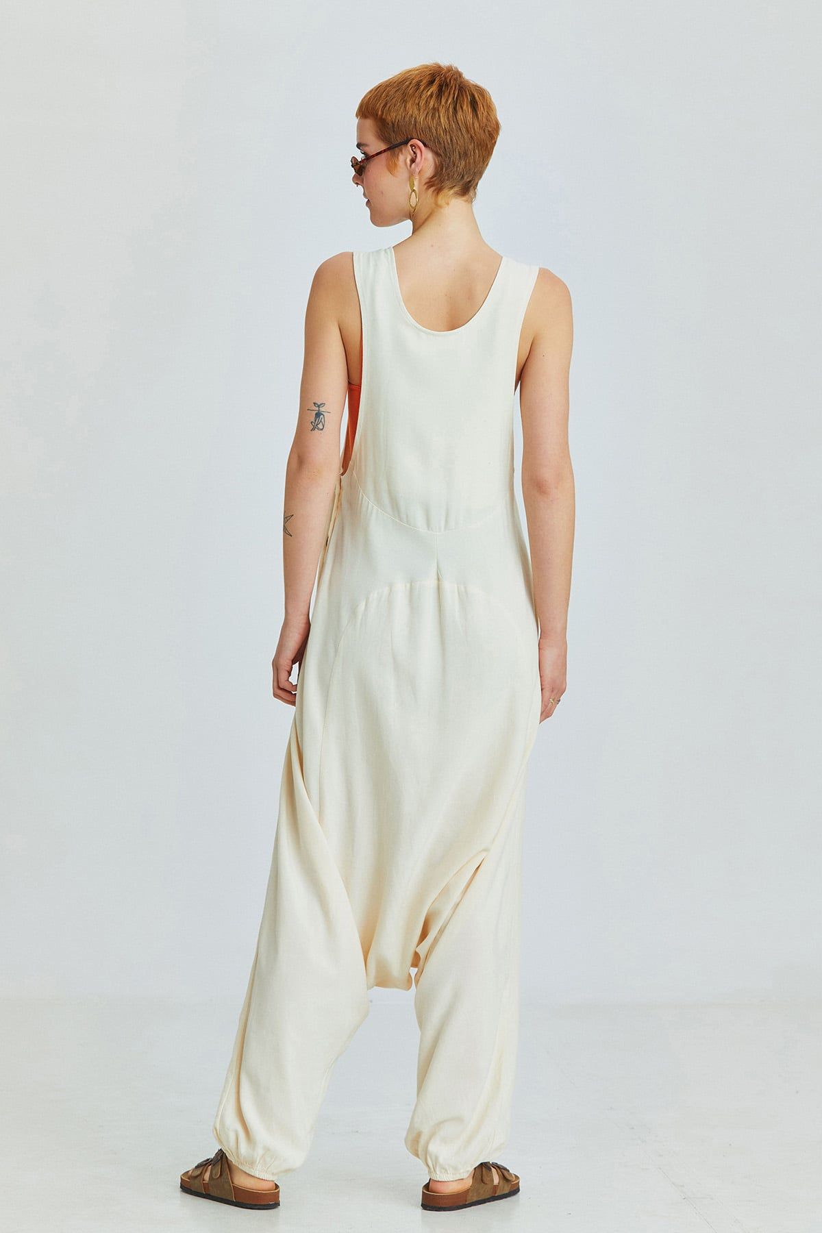 Beige Viscose-Linen Bohemian Harem Jumpsuit with Shoulder Buttons