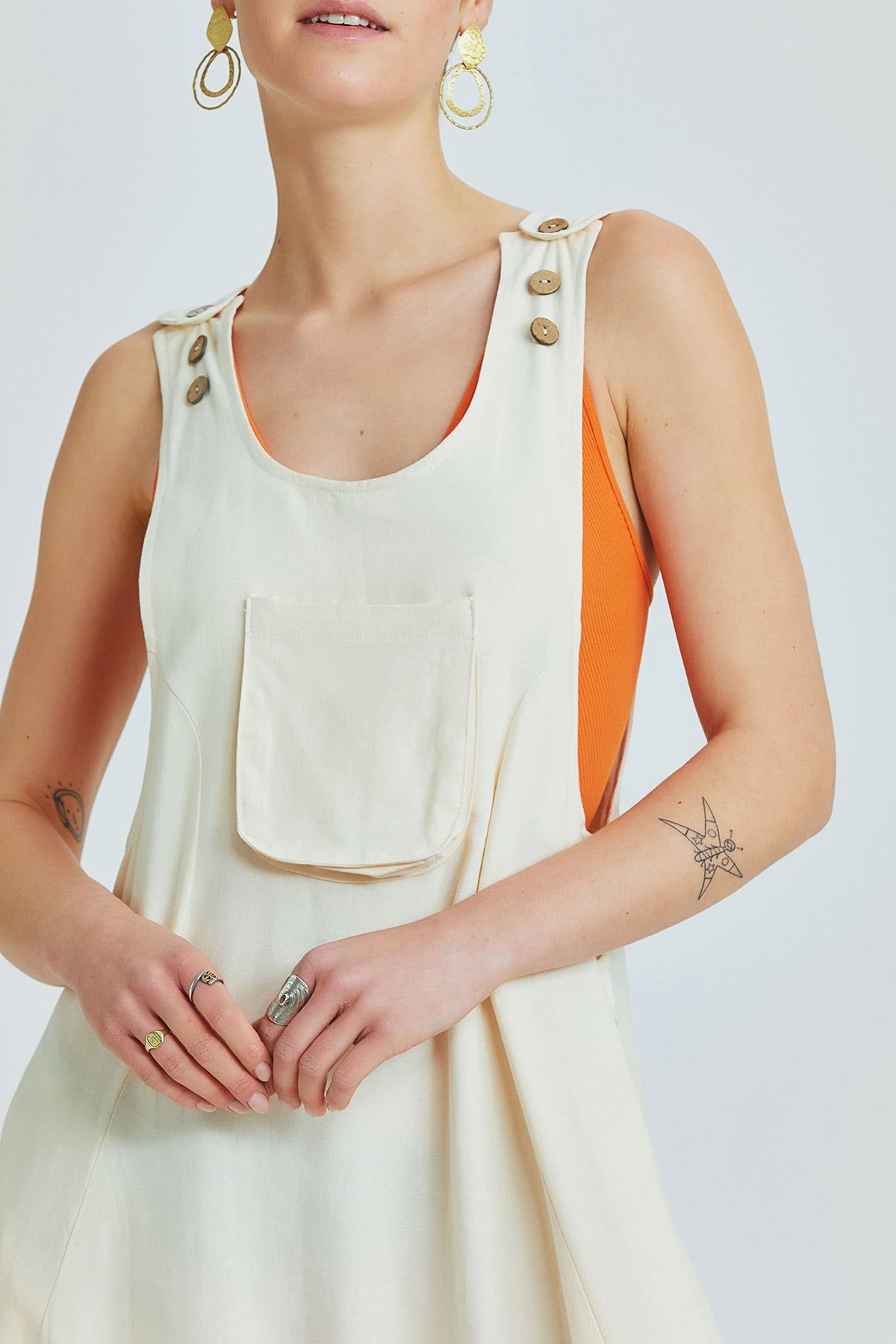Beige Viscose-Linen Bohemian Harem Jumpsuit with Shoulder Buttons