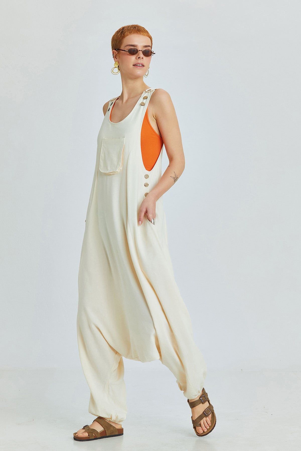Beige Viscose-Linen Bohemian Harem Jumpsuit with Shoulder Buttons