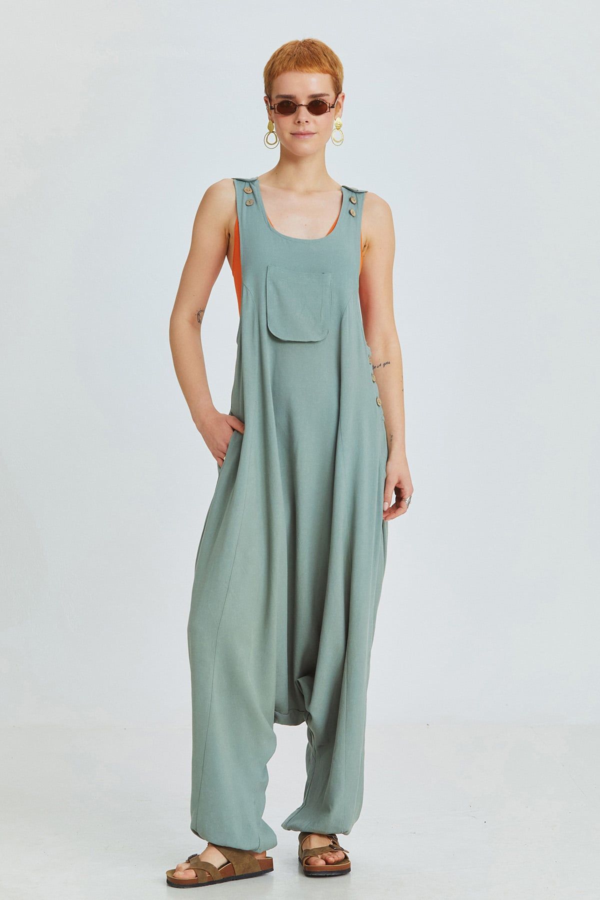 Pistachio Green Viscose-Linen Bohemian Harem Jumpsuit with Shoulder Buttons