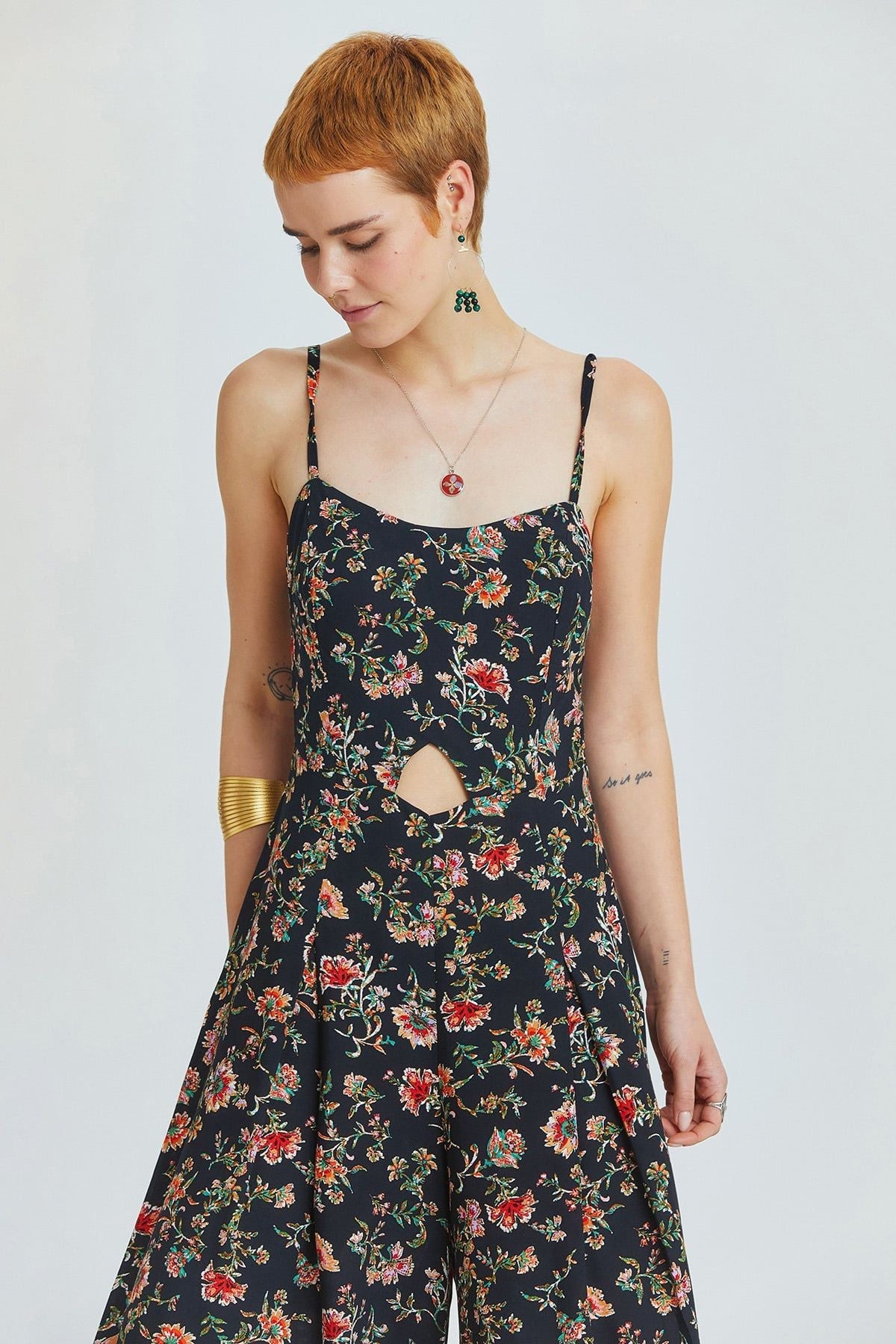 Black Floral Bohemian Jumpsuit with Cut Out Detail