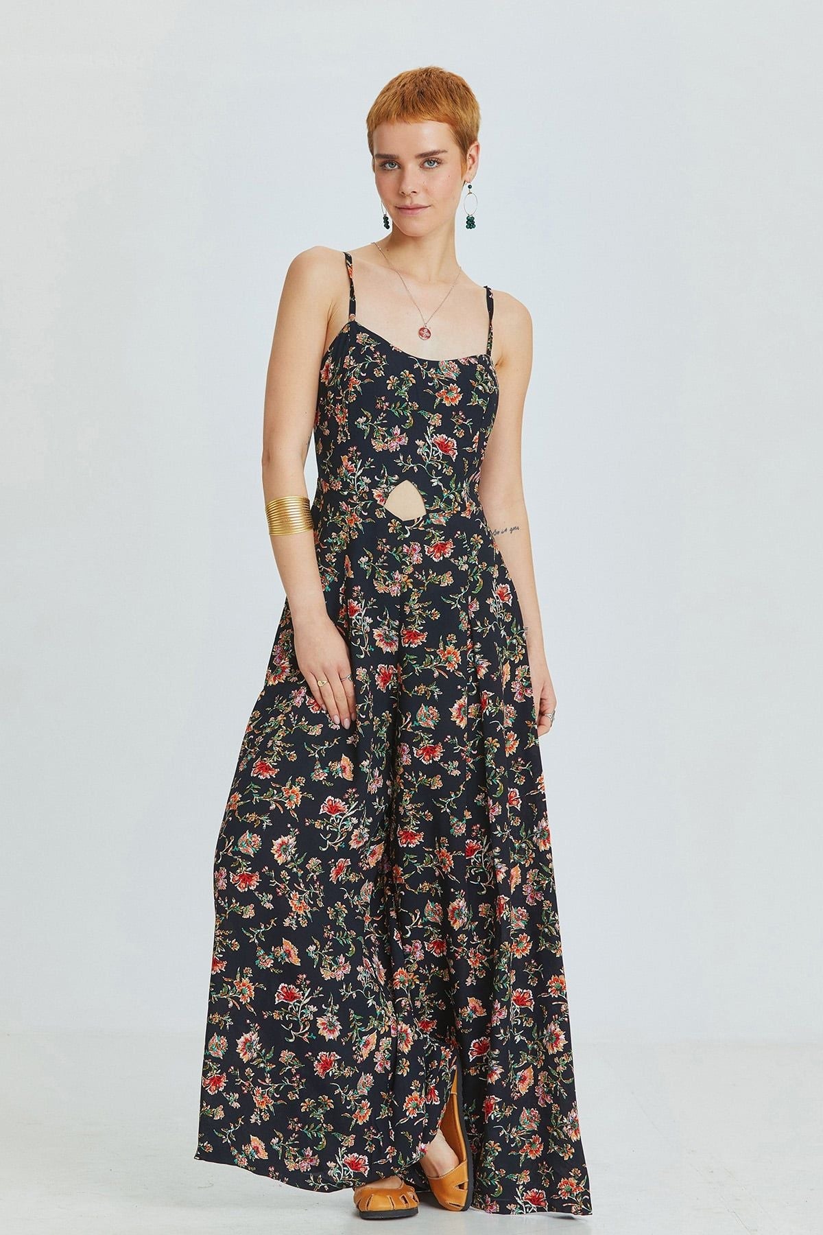 Black Floral Bohemian Jumpsuit with Cut Out Detail