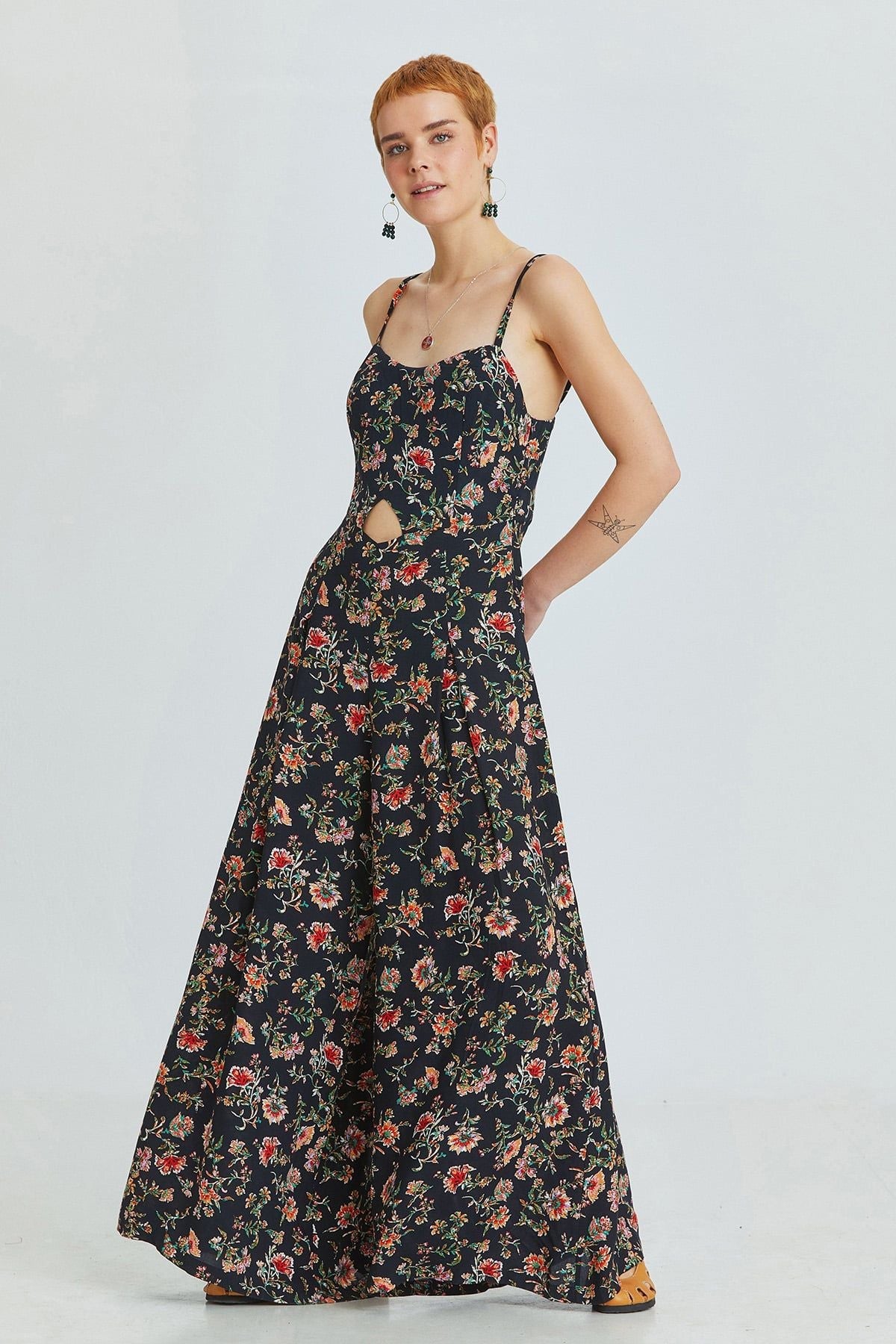 Black Floral Bohemian Jumpsuit with Cut Out Detail