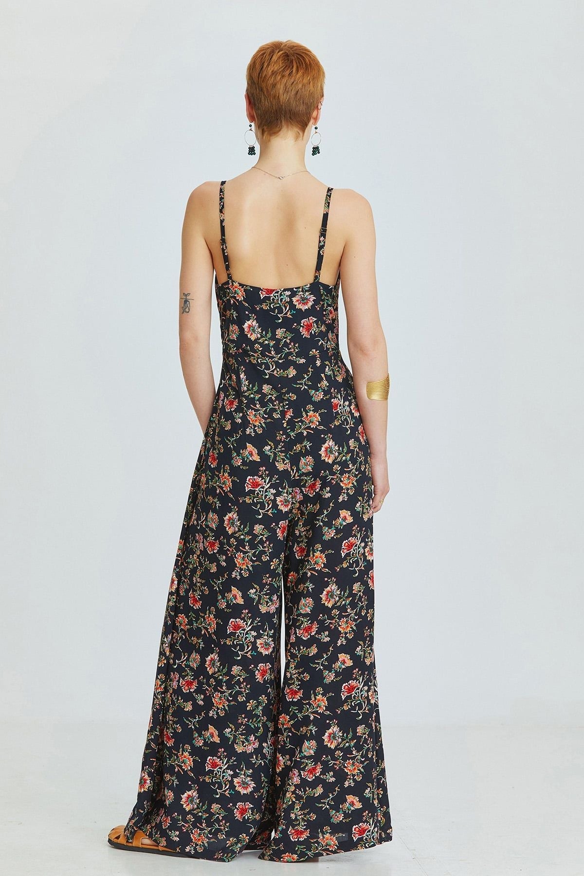 Black Floral Bohemian Jumpsuit with Cut Out Detail