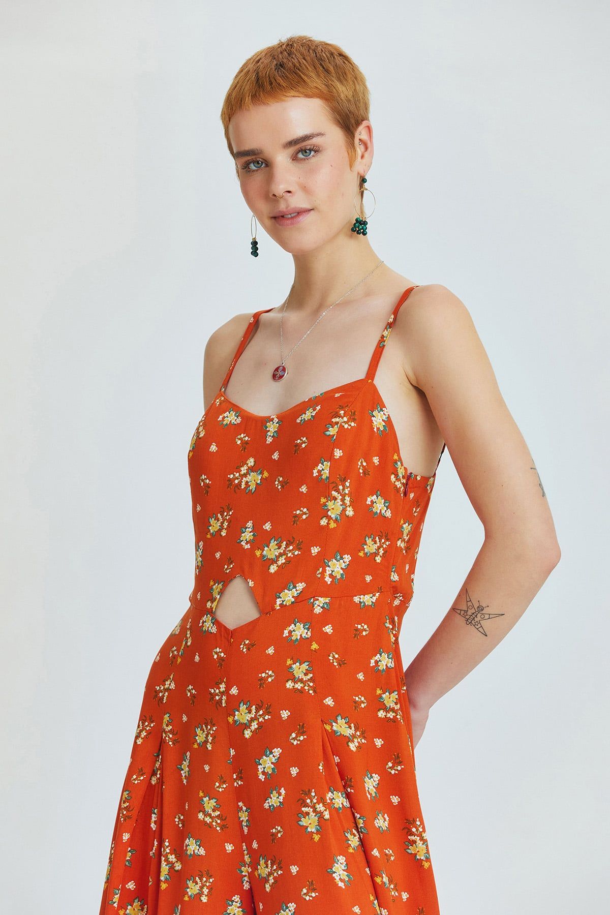 Orange Floral Bohemian Jumpsuit with Cut Out Detail
