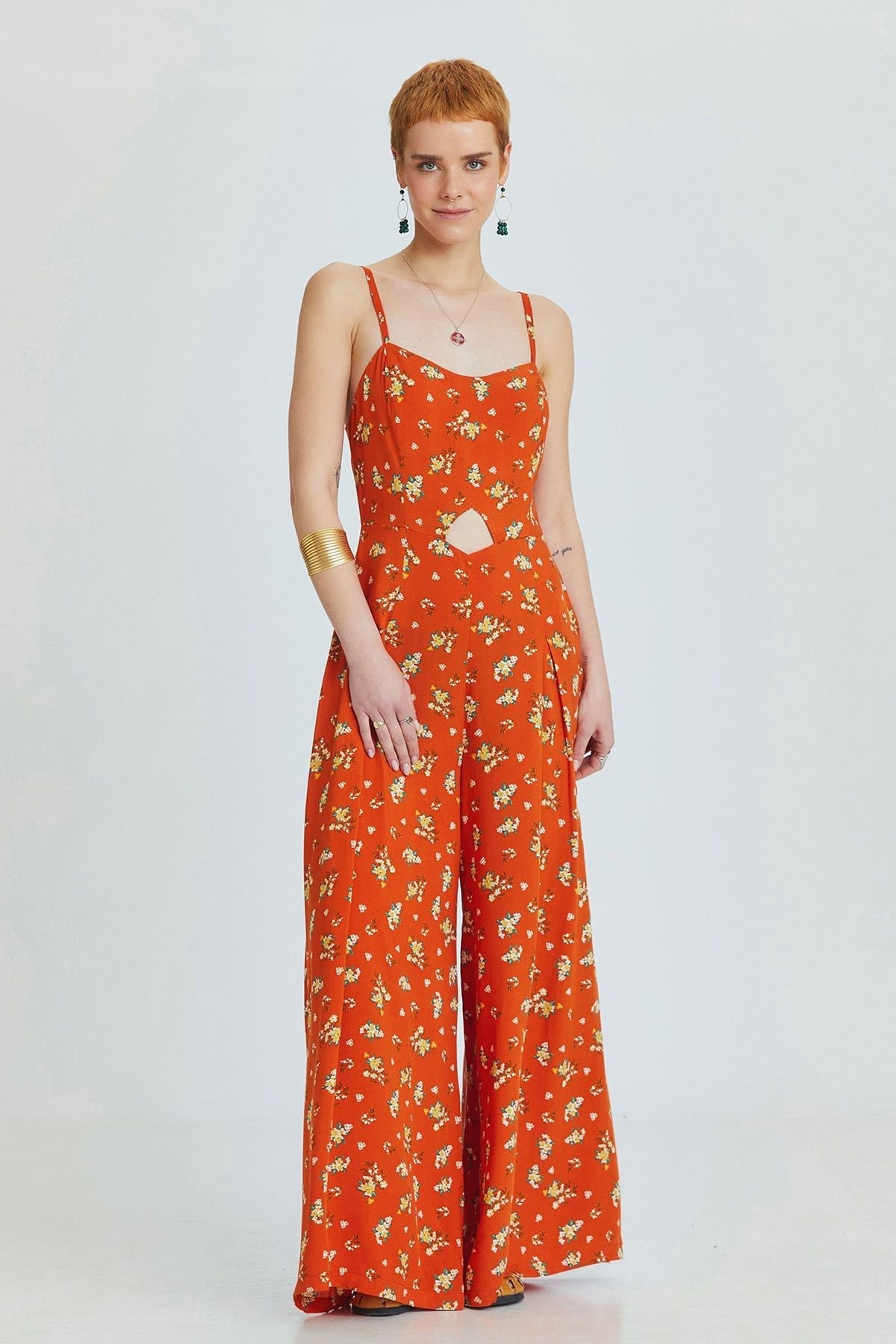 Orange Floral Bohemian Jumpsuit with Cut Out Detail