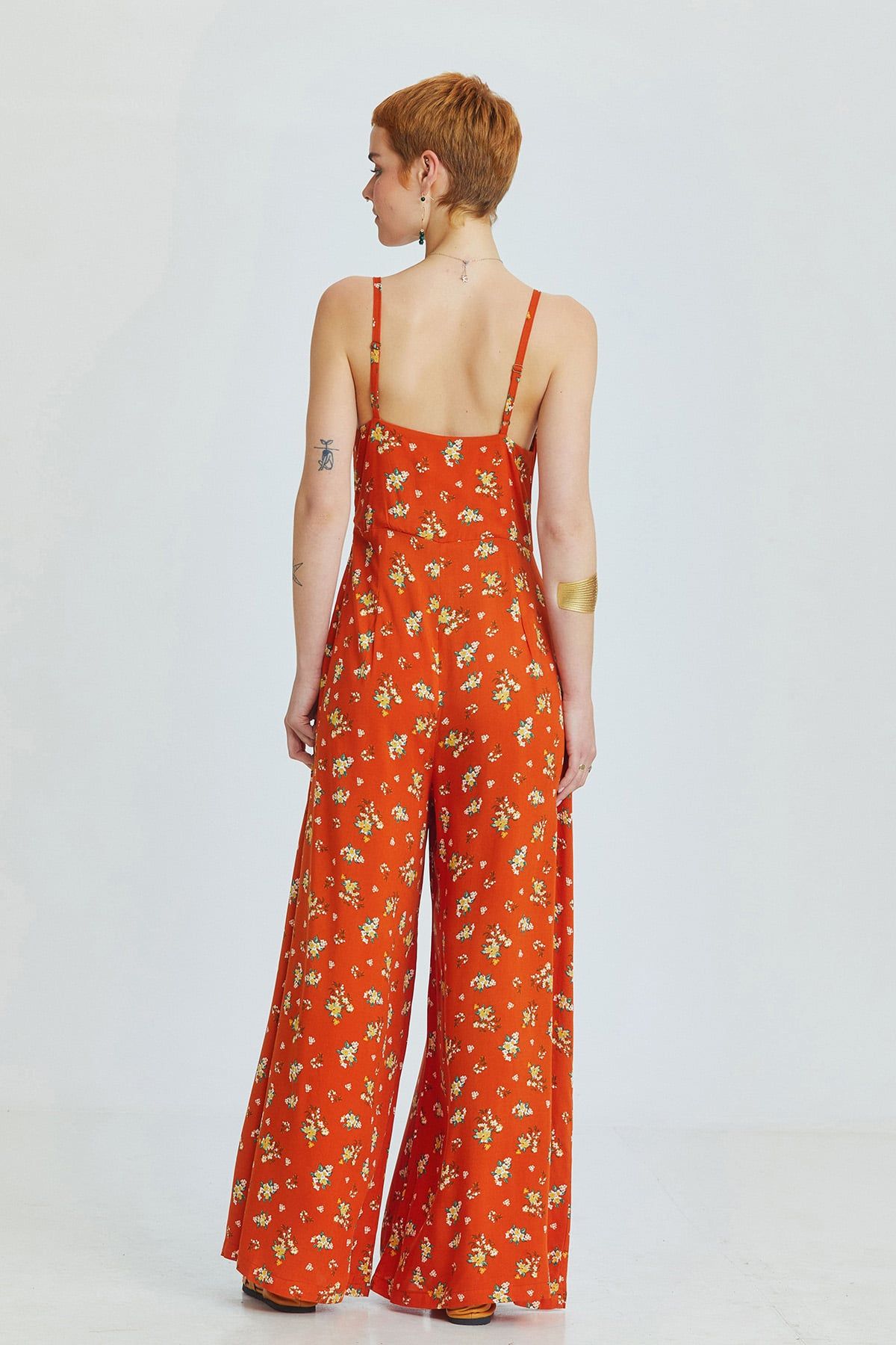 Orange Floral Bohemian Jumpsuit with Cut Out Detail
