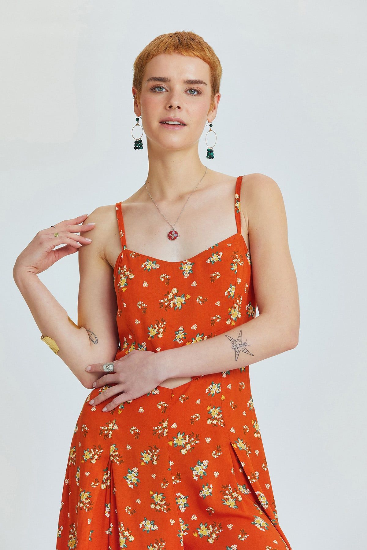 Orange Floral Bohemian Jumpsuit with Cut Out Detail