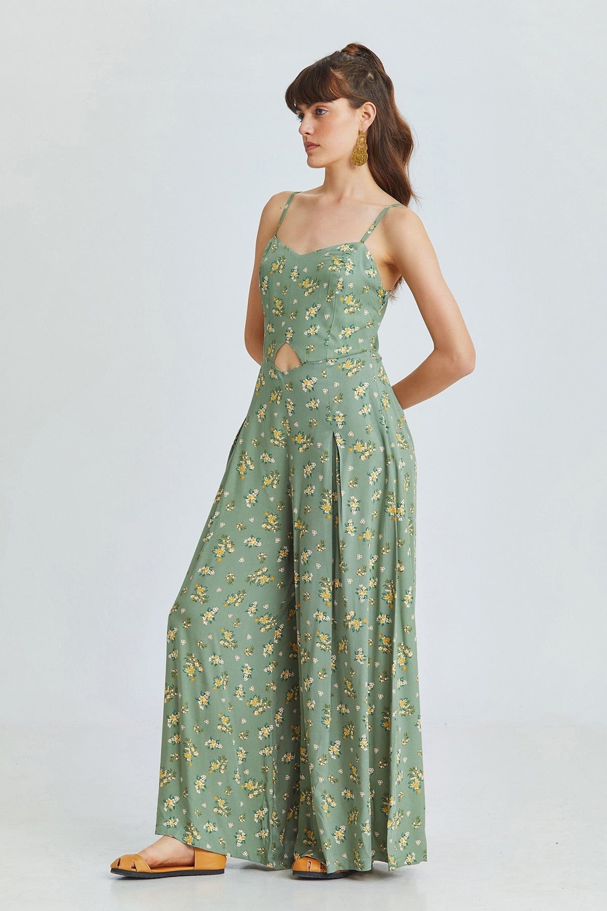 Pistachio Green Floral Bohemian Jumpsuit with Cut Out Detail