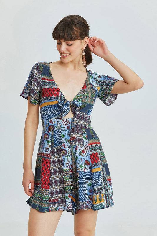 Blue Patch Ethnic Print Short Jumpsuit with V-Neck and Tie Front