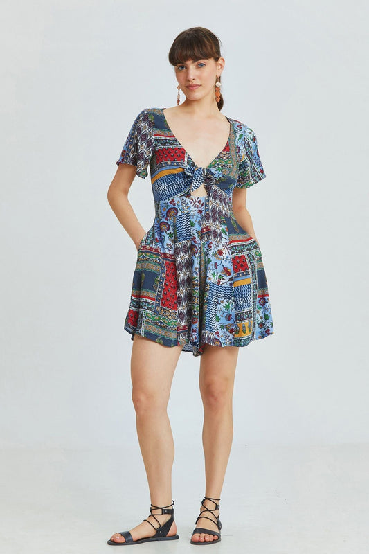 Blue Patch Ethnic Print Short Jumpsuit with V-Neck and Tie Front