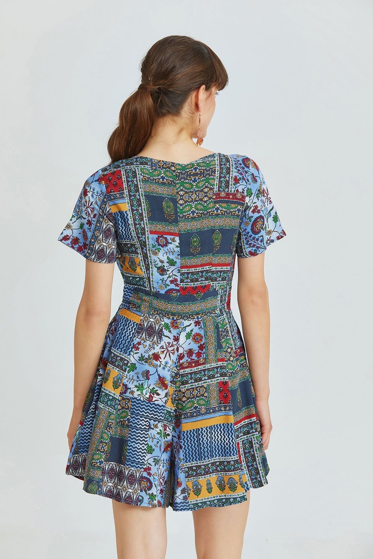 Blue Patch Ethnic Print Short Jumpsuit with V-Neck and Tie Front