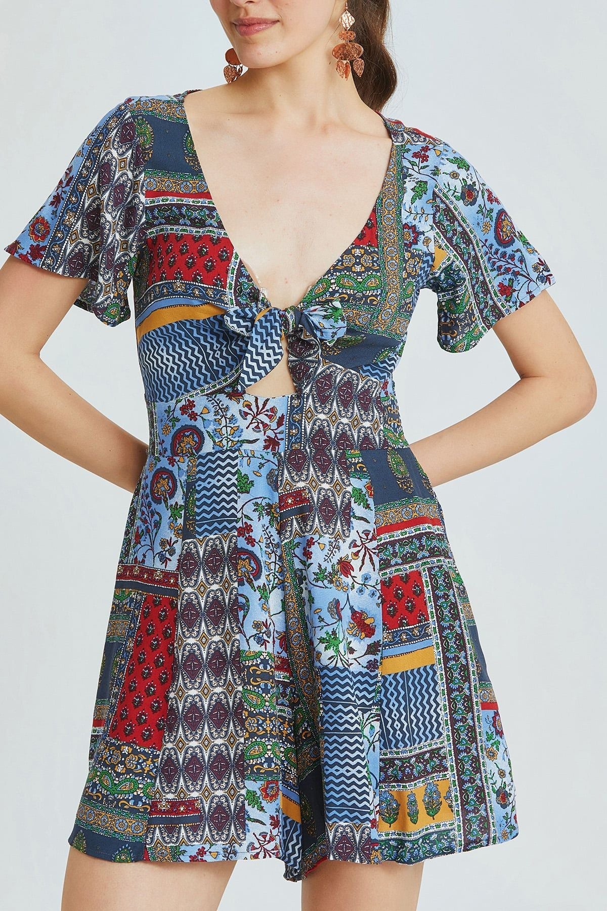 Blue Patch Ethnic Print Short Jumpsuit with V-Neck and Tie Front