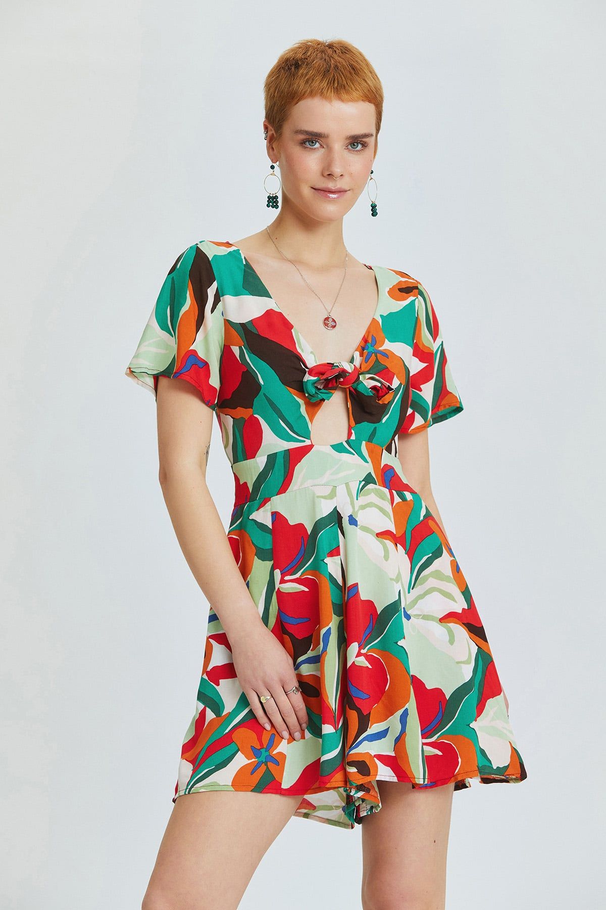 Red Patch Ethnic Print Short Jumpsuit with V-Neck and Tie Front