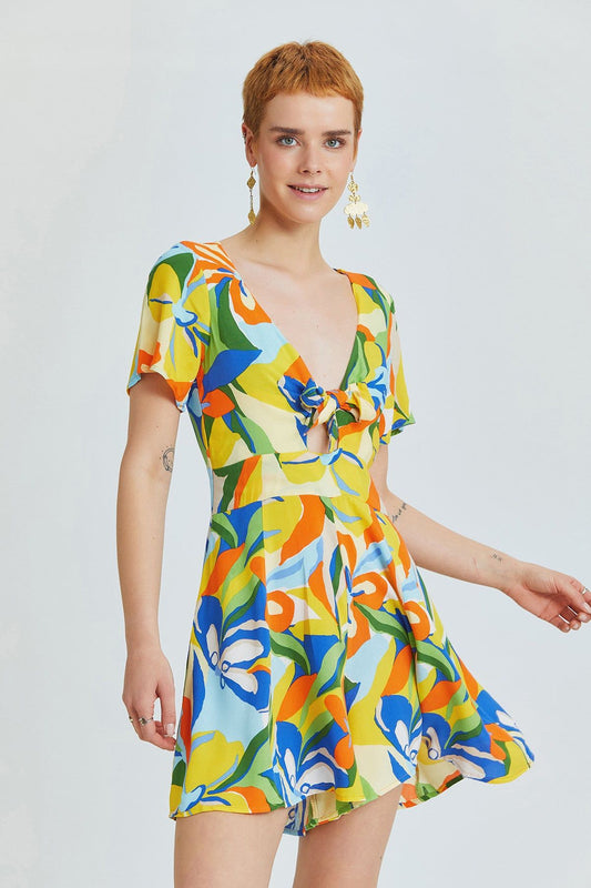 Yellow Patch Ethnic Print Short Jumpsuit with V-Neck and Tie Front
