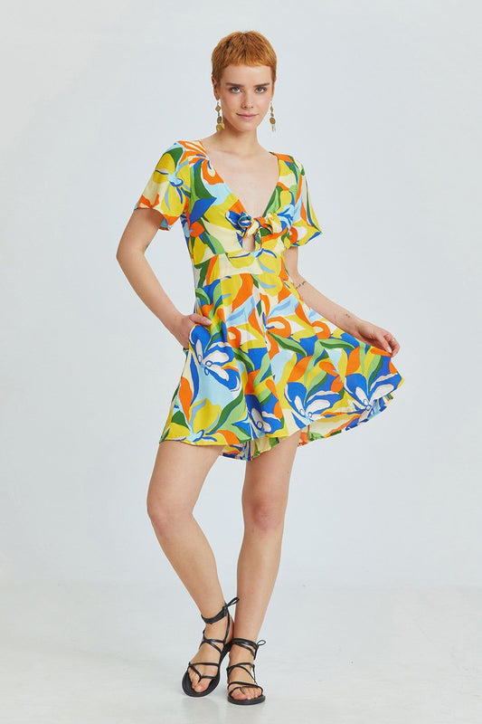 Yellow Patch Ethnic Print Short Jumpsuit with V-Neck and Tie Front